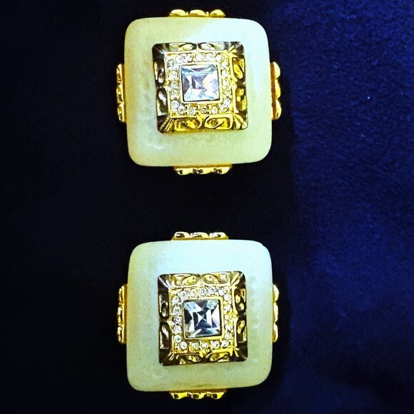 Vintage Antique Gold Rhinestone and Carved Marble Earrings EUC - Picture 8 of 12